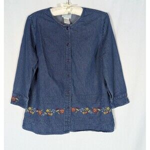 Vintage Blair Button Down S Women's Blue Denim Floral Embroidered Crew Neck 90s